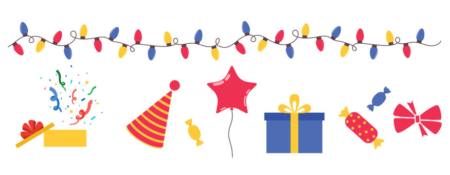 Party supplies - giftboxes, party hat, candies, bow, bunting. Flat vector illustration isolated on a white background
