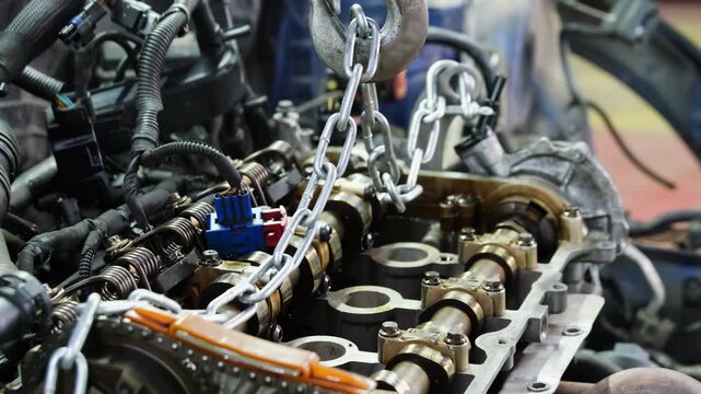 Metal chain attached to car engine hangs on hoist hook in service shop closeup. Hydraulic lift used to dismantle heavy motor at station