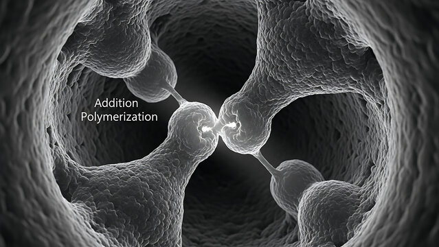 Microscopic view of Addition Polymerization process creating complex molecular structures in a dark environment.