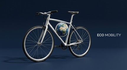 Fototapeta premium Eco-friendly bicycle with globe replaces traditional bike wheel on dark background