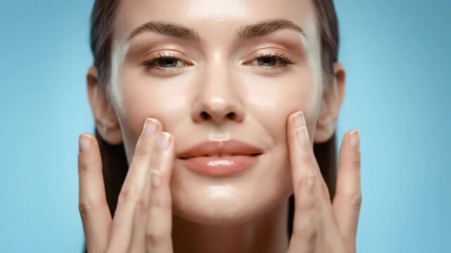 Young caucasian woman with brown hair performs self-facial massage, eyes close then open to a happy smile, conveying fresh, supple skin against soft blue studio background. High-end beauty and