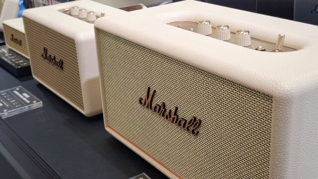 Marshall brand portable bluetooth speakers with vintage aesthetic and classic logo design on retail display on April 27, 2026 in Bangkok, Thailand