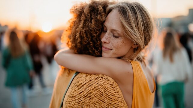In this beautiful sunset shot, two women share a heartfelt embrace, capturing a moment of love, friendship, and connection amidst a lively outdoor setting.