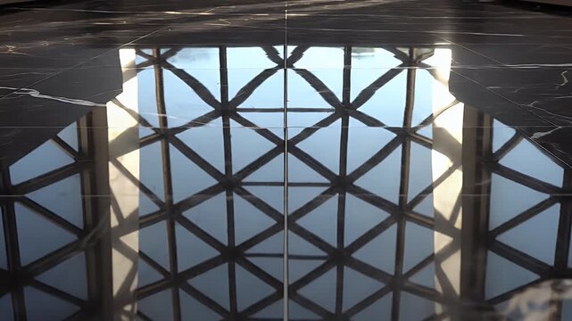 Reflection of architectural structure in polished marble floor with geometric pattern