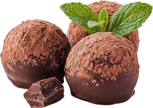 Chocolate truffle cocoa powder mint leaf dessert sweet treat with fresh mint garnish