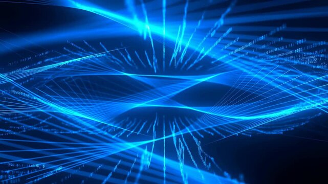 Abstract blue digital wave animation with flowing lines and binary code. Represents technology, data visualization, and modern communication