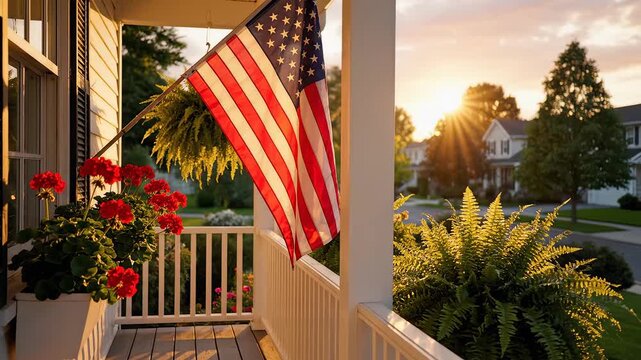 American flag on porch with flowers symbolizing exploration and the great outdoors