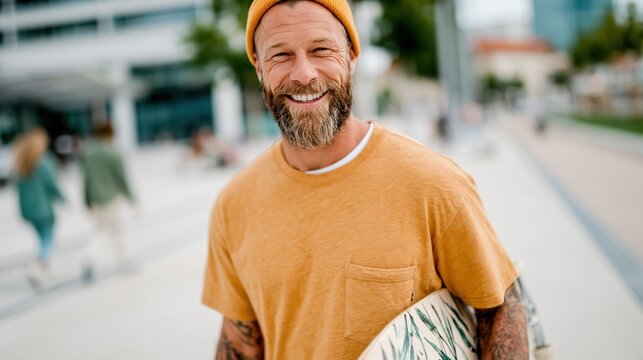 A cheerful man with a beard and a beanie grins while holding a surfboard, capturing the essence of a vibrant coastal lifestyle and outdoor recreation. Perfect for summer themes.