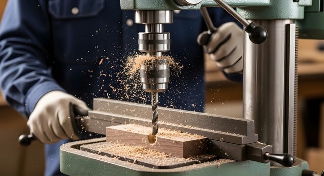 Precision drilling a skilled craftsman uses a drill press on wood blocks