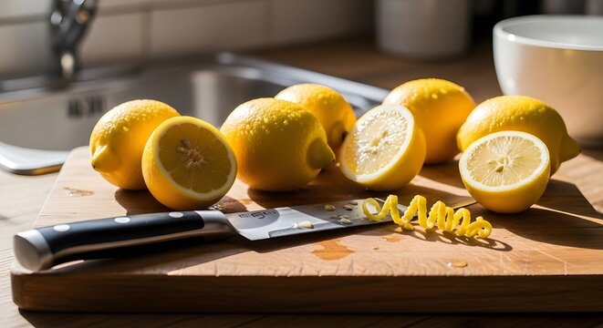 Lemons on a cutting board with a knife and bowl in the background for cooking or recipe use