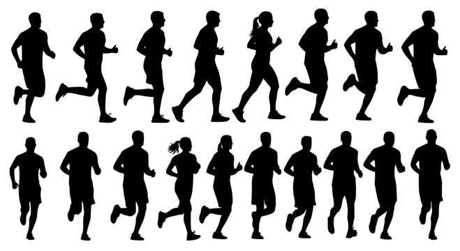 Running men and women, isolated vector silhouettes. Run, side view. Silhouettes of athletic looking male and female runners running. JPEG version.