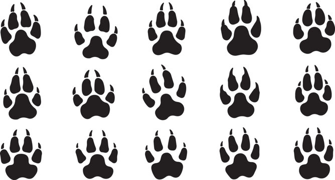 Wolf and Dog Paw Print Silhouettes Set, Gritty Hand Drawn Animal Track Icons