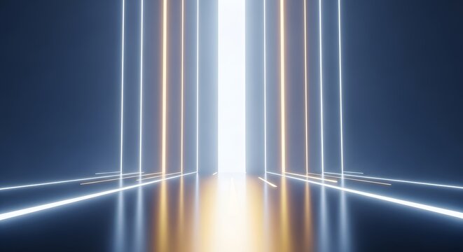 Futuristic neon light stage with glowing vertical lines, abstract sci-fi background with blue and gold laser beams, high-tech digital corridor