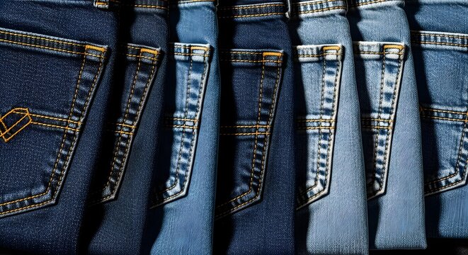 Stacked denim jeans a close up of blue wash and waistbands