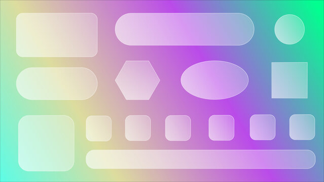 Set of transparent matte glass frames with editable size and transparency for UI UX design. Base for desktop shortcut template different rectangular round and oval shape on color gradient background.
