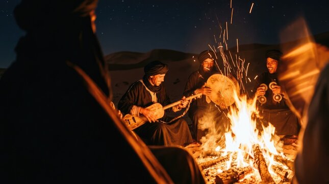 Rhythmic Berber Music. Musicians playing the guembri and krake in a traditional performance. Music concept. 