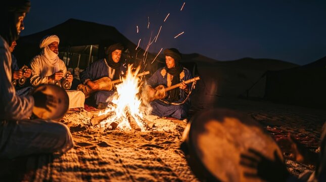Desert musicians play instruments around a campfire at night.