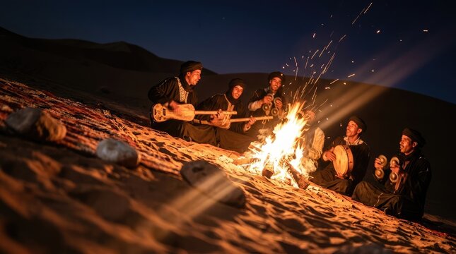 Rhythmic Berber Music. Musicians playing the guembri and krake in a traditional performance. Music concept. 