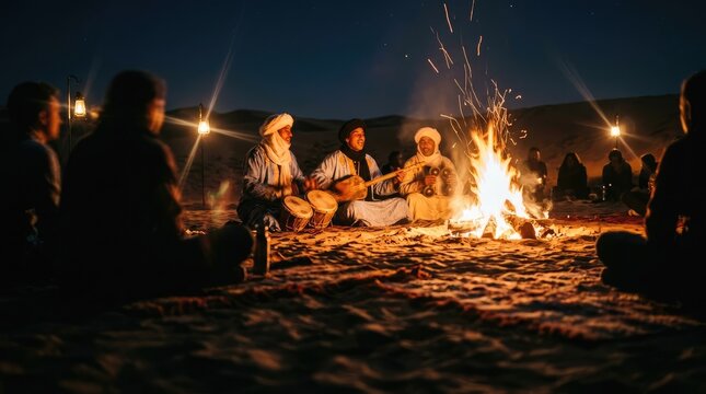 Rhythmic Berber Music. Musicians playing the guembri and krake in a traditional performance. Music concept. 