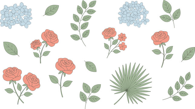 Large set of various pink roses, blue hydrangeas, and green leaves isolated on white background.