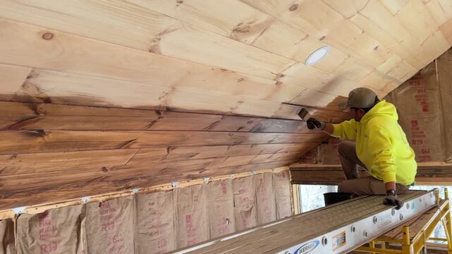 Panning 2 men adding stain to tongue and groove pine boards