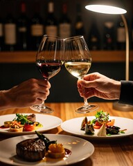 Obraz premium Wine glasses clink during a toast over a dinner plates feature gourmet meals and side dishes.. Hands hold wine glasses for a celebratory toast.