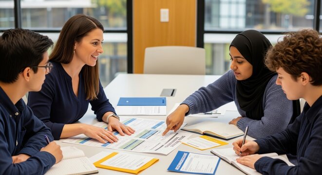 Disability support specialist meeting with small university group shows accommodation planning, academic guidance and realistic accessible higher education support.