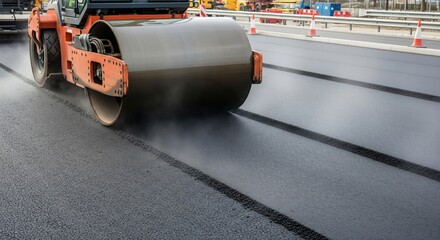 Fototapeta premium Road roller finishing new asphalt surface highlights heavy machinery action, compaction stage, civil engineering progress and durable roadway development.