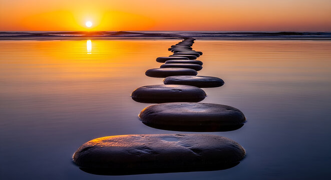 stepping stones curves gracefully across the calm water of a golden ocean at sunset. Peaceful journey ahead towards new dawn. serene Natural Journey & Personal Growth