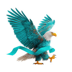 Obraz premium Eagle with blue ribbon flying in tribute design showing powerful wings and sharp claws in dynamic motion