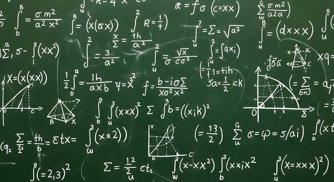 Mathematical formulas and equations written on a green chalkboard background high quality professional detailed modern elegant