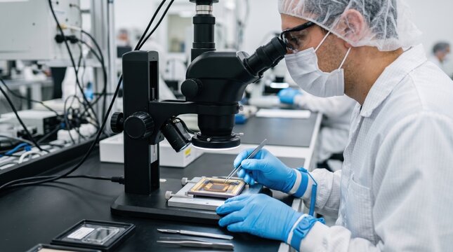 Bond wire inspection inside microchip package shows microelectronics quality control, package integrity review, semiconductor precision and manufacturing quality assurance.