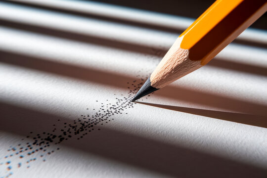 A sharpened pencil drawing tiny dots on paper, casting striped shadows in soft light.