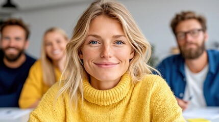 Obraz premium A confident young woman in a cozy yellow sweater smiles radiantly at the camera surrounded by friends in a bright, modern environment, capturing a moment of joy and togetherness.