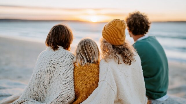 A cozy family gathers on the beach, enjoying a beautiful sunset together, instilling feelings of love, togetherness, and appreciation for nature's beauty.