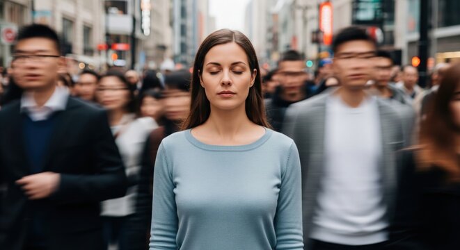 Busy woman surrounded by moving crowd showing contrast between inner calm and external chaos stress anxiety overload mindfulness and emotional self control in urban environment