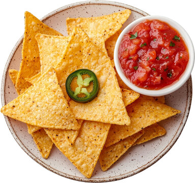 Nacho tortilla chip salsa jalapeno snack plate of tortilla chips with salsa dip and jalapeno