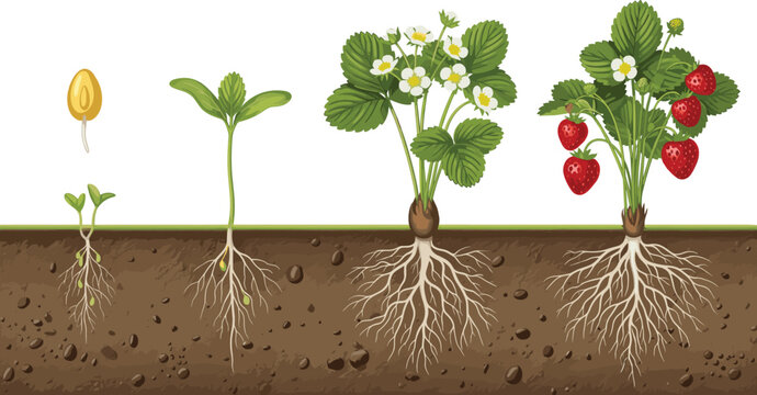 Detailed Strawberry Plant Growth Cycle with Seed, Sprout, Flower, and Ripe Fruit Stages Showing Root System for Agriculture and Education Designs