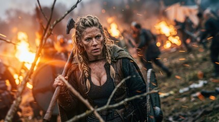 Obraz premium Fierce Viking woman in battle with axe and shield amidst fire