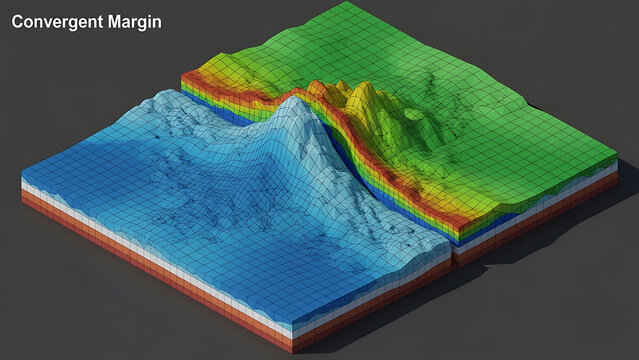 Geological illustration depicting a convergent margin where oceanic and continental plates collide, forming mountains and trenches