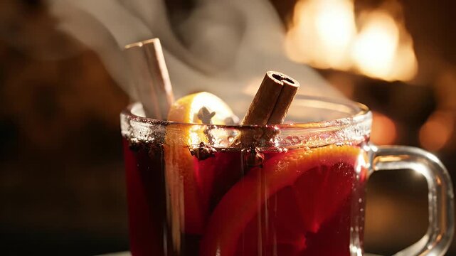 Spiced mulled wine with cinnamon and orange slices in glass; festive holiday drink