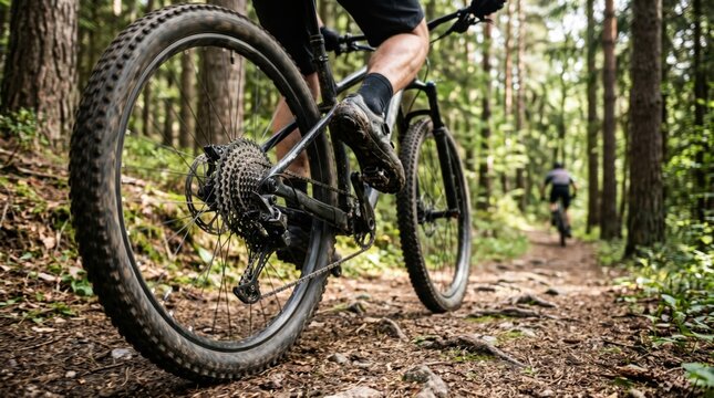 Forest cycling scene with detailed mountain bike wheel in motion forming dynamic adventure concept with clean uncluttered outdoor environment and strong action feel