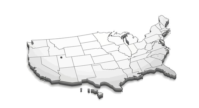 Isometric vector illustration of the United States map with state borders and a small black dot indicating Denver, Colorado, set against a clean white background and rendered in a neutral