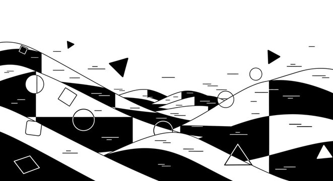 Abstract Black and White Geometric Landscape with Shapes