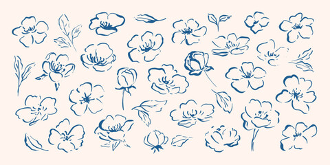 Set of hand drawn sketch flowers, leaves. Cottagecore style. Simple line art flowers.  © olechkaart