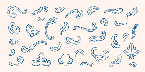 Naklejka premium Set of curves, monograms, classical arcitecture decor. Design elements for frame, mirror, pattern, border. Baroque decor. Hand drawn, sketch traditional, antique ornaments