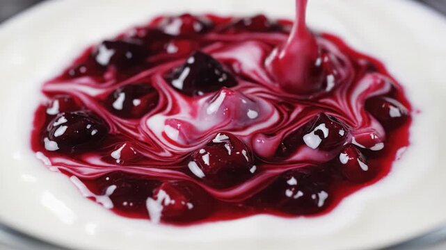 Creamy yogurt dessert with fresh red cherry sauce swirl and fruit topping, rich smooth texture and vibrant color creating appetizing snack with luscious creamy swirl and fresh fruit burst