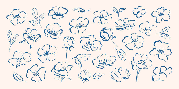 Set of hand drawn sketch flowers, leaves. Cottagecore style. Simple line art flowers. 