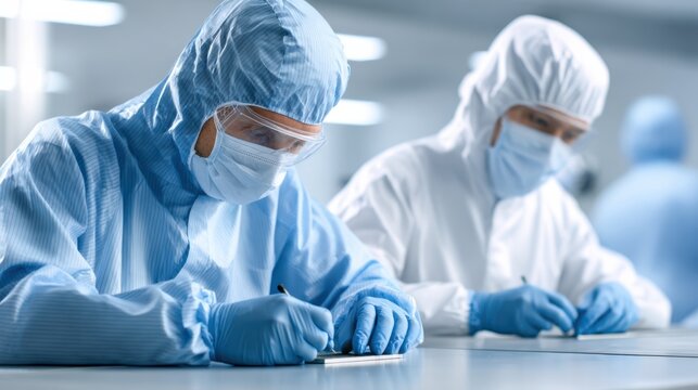 Manufacturer cleanroom microelectronics assembly with technicians in full PPE suits, sterile production workstation, advanced manufacturing, precision electronics Industry 40 quality control