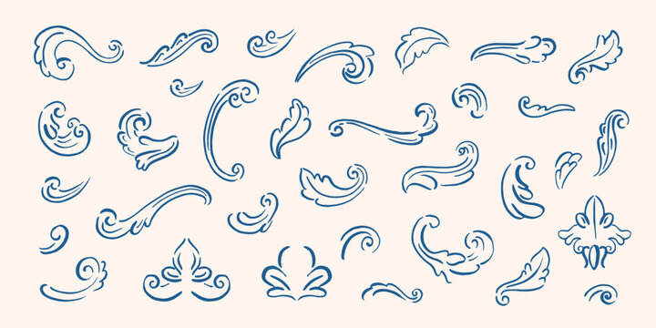 Set of curves, monograms, classical arcitecture decor. Design elements for frame, mirror, pattern, border. Baroque decor. Hand drawn, sketch traditional, antique ornaments